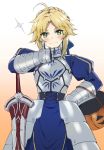  ahoge armor artoria_pendragon_(all) blonde_hair blue_ribbon blush braid breasts commentary cosplay crown_braid eyebrows_visible_through_hair eyes_visible_through_hair fate/grand_order fate_(series) faulds gauntlets gradient gradient_background green_eyes hair_ribbon halloween_basket hand_on_hip hand_on_own_chin highres juliet_sleeves long_sleeves mordred_(fate) mordred_(fate)_(all) puffy_sleeves ribbon saber saber_(cosplay) short_hair simple_background smile solo sparkle sword tonee v-shaped_eyebrows weapon yellow_background 