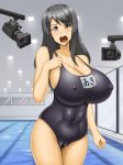  1girl black_hair breasts camera huge_breasts kawanuma_uotsuri long_hair open_mouth school_swimsuit swimsuit 
