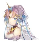  blue_eyes blue_flower blue_hair blue_ribbon blue_rose breasts bridal_veil choker cleavage cropped_torso detached_sleeves eyebrows_visible_through_hair fate/apocrypha fate_(series) flower frankenstein's_monster_(fate) gradient_hair hair_between_eyes hair_flower hair_ornament hair_ribbon heterochromia horn medium_breasts multicolored_hair pink_hair ribbon rose simple_background smile solo takasaki_(rock_rock) two-tone_hair upper_body veil white_background white_flower white_rose yellow_eyes 