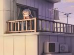  air_conditioner braid brown_hair building closed_eyes closed_mouth clothesline cloud hands_on_own_cheeks hands_on_own_face highres leaning_forward long_hair madotsuki nekoita outdoors railing shirt skirt sky sliding_doors solo standing sunset yume_nikki 