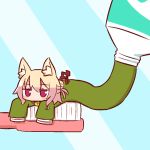  animal_ear_fluff animal_ears bangs bell blonde_hair blue_background blush chibi diagonal-striped_background diagonal_stripes eyebrows_visible_through_hair fox_ears green_shirt hair_between_eyes hair_bun jingle_bell kemomimi-chan_(naga_u) long_hair long_sleeves looking_at_viewer naga_u original red_eyes shirt sidelocks sleeves_past_fingers sleeves_past_wrists solo striped striped_background toothbrush toothpaste tube 