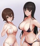  arm_at_side armpits bangs bare_arms bare_shoulders bikini black_eyes black_hair blunt_bangs blush breasts brown_eyes brown_hair cleavage collarbone commentary_request covered_nipples curcumin eyebrows_visible_through_hair girls_und_panzer grey_background hair_between_eyes halter_top halterneck hand_on_hip height_difference large_breasts long_hair micro_bikini mother_and_daughter multiple_girls navel nishizumi_maho nishizumi_shiho serious sideboob simple_background stomach swimsuit white_bikini 