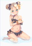  abigail_williams_(fate/grand_order) absurdres bangs bare_shoulders barefoot bikini black_bikini black_bow blonde_hair blue_eyes blush bow breast_hold breasts chromatic_aberration closed_mouth collarbone commentary_request double_bun emerald_float fate/grand_order fate_(series) feet flying_sweatdrops forehead frilled_bikini frills hair_bow highres izure_(pixiv16392012) legs long_hair looking_at_viewer miniskirt navel orange_bow parted_bangs polka_dot polka_dot_bow simple_background sitting skirt small_breasts solo strap_slip swimsuit thighs wariza water white_background 