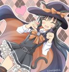  ^_^ animal_ears argyle argyle_background asashio_(kantai_collection) belt black_hair blush bow cape cat_ears cat_tail closed_eyes dress dress_shirt eyebrows_visible_through_hair hair_between_eyes halloween_costume hat heart highres kantai_collection kemonomimi_mode long_hair open_mouth paw_pose pinafore_dress remodel_(kantai_collection) school_uniform searchlight shirt signature smile solo tail tamayan thighhighs twitter_username upper_teeth witch witch_hat 