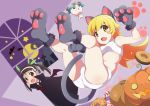  animal_ears bakemonogatari bat bat_wings black_hair blonde_hair blush bra brown_hair candy cape cat_ears cat_paws cat_tail doughnut fang food gesugesu_ahoaho hachikuji_mayoi hairband halloween halloween_costume jack-o'-lantern long_hair looking_at_viewer monogatari_(series) moon multiple_girls ononoki_yotsugi open_mouth oshino_shinobu panties paw_pose paw_print paws sky star star_(sky) starry_sky tail training_bra twintails underwear vampire white_bra white_panties window wings yellow_eyes 