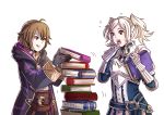 ahoge armor book book_stack breastplate brown_hair cloak cynthia_(fire_emblem) fire_emblem fire_emblem:_kakusei gauntlets gloves grin gzei holding holding_book mark_(fire_emblem) multiple_girls simple_background smile stacking twintails white_background white_hair 