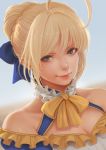  1girl artoria_pendragon_(all) blonde_hair blue_dress breasts cleavage_cutout closed_mouth dress fate/stay_night fate_(series) green_eyes hair_ribbon magion02 ribbon saber short_hair simple_background sky small_breasts smile solo upper_body yellow_ribbon 