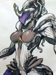  armor artist_name bodysuit breasts cowboy_shot helmet highres interstellarfarts medium_breasts saryn_(warframe) saryn_prime_(warframe) signature simple_background solo traditional_media warframe white_background 