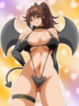  00s 1girl bare_shoulders blush breasts brown_eyes brown_hair cleavage collar costume eyes_visible_through_hair gloves gluteal_fold halloween halloween_costume hand_on_hip head_wings heart heart_background huge_breasts ichigo_100_percent inabakun00 kitaooji_satsuki long_hair looking_at_viewer matching_hair/eyes navel ponytail smile solo standing tail tongue tongue_out wings 