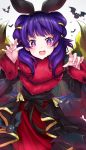  blush dragon_girl dragon_wings dress fire_emblem fire_emblem:_seima_no_kouseki fire_emblem_heroes halloween highres long_hair looking_at_viewer mamkute multi-tied_hair myrrh open_mouth purple_hair red_eyes ringozaka_mariko simple_background solo twintails wings 