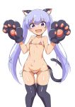  :d absurdres animal_ears ass_visible_through_thighs bikini black_legwear breasts cat_ears cat_paws cat_tail collarbone eyebrows_visible_through_hair fang groin hair_between_eyes head_tilt highres lavender_hair looking_at_viewer lsizessize micro_bikini navel new_game! open_mouth paws purple_eyes side-tie_bikini simple_background small_breasts smile solo standing suzukaze_aoba swimsuit tail tan thighhighs twintails 