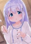  bad_id bad_pixiv_id bangs blue_eyes blue_hair blush cacao_(chocolat) chestnut_mouth collarbone commentary_request eyebrows_visible_through_hair frilled_shirt frills from_below gochuumon_wa_usagi_desu_ka? hair_between_eyes hair_ornament hands_up highres holding indoors kafuu_chino long_hair long_sleeves looking_at_viewer looking_down mimikaki parted_lips shirt sleeves_past_wrists solo white_shirt x_hair_ornament 
