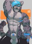  2018 abs animal_genitalia anthro ashendawger balls biceps blue_penis clothing feline fur hair hand_behind_head hi_res leopard male mammal muscular muscular_male nipples pecs penis penis_tip sheath snow_leopard solo 