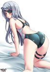  :t all_fours artist_name ass back bed blanket commentary_request competition_swimsuit dated eyebrows_visible_through_hair eyepatch green_swimsuit hair_between_eyes highres infinite_stratos laura_bodewig leg_garter long_hair looking_at_viewer looking_back one-piece_swimsuit red_eyes silver_hair simple_background solo swimsuit tsuchimiya white_background 
