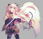  androgynous astolfo_(fate) black_bow black_legwear bow cape eyebrows_visible_through_hair fate/apocrypha fate_(series) faulds floating_hair garters gauntlets grey_background hair_between_eyes hair_bow highres holding holding_sword holding_weapon long_hair looking_at_viewer male_focus miniskirt otoko_no_ko pink_eyes pink_hair simple_background skirt smile solo standing sword takasaki_(rock_rock) thighhighs very_long_hair weapon white_cape 