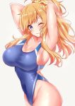  armpits arms_behind_head arms_up bangs bare_shoulders blonde_hair blue_eyes blue_swimsuit blush breasts cleavage collarbone commentary_request competition_swimsuit covered_navel highleg highleg_swimsuit highres hips idolmaster idolmaster_cinderella_girls large_breasts long_hair looking_at_viewer one-piece_swimsuit one_eye_closed ootsuki_yui parted_lips ponytail sankakusui shiny shiny_hair shiny_skin sidelocks simple_background solo swept_bangs swimsuit wavy_hair white_background 