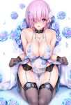  artoria_pendragon_(all) artoria_pendragon_(lancer_alter) artoria_pendragon_(lancer_alter)_(cosplay) babydoll bare_shoulders black_panties blue_flower blue_gk blue_rose blush breasts choker cleavage clothes_lift collarbone commentary_request cosplay covered_nipples earrings eyebrows_visible_through_hair fate/grand_order fate_(series) flower garter_belt gloves grey_gloves grey_legwear hair_flower hair_ornament hair_over_one_eye high_heels highres hips jewelry kneeling large_breasts lavender_hair lingerie looking_at_viewer mash_kyrielight necklace open_mouth panties puffy_nipples purple_eyes rose royal_icing see-through short_hair simple_background smile snowflake_earrings snowflake_hair_ornament snowflake_print solo thighhighs thighs underwear white_background 