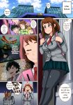  1girl blush_stickers boku_no_hero_academia breasts brown_eyes brown_hair building comic embarrassed english_text eyes_closed highres junajuice large_breasts midoriya_izuku pantyhose phone school_uniform short_hair skirt smile speech_bubble text_focus uraraka_ochako 