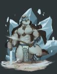  2018 abs anthro bulge canine clothing fur headband hi_res horkeukamui kristakeshi loincloth male mammal multicolored_fur muscular muscular_male nipples pecs simple_background tokyo_afterschool_summoners white_fur wolf 