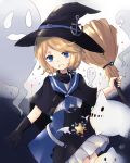  anchor blonde_hair blue_eyes broom commentary_request full_moon ghost gloves halloween halloween_costume hat highres looking_at_viewer moon short_hair solo witch_hat z16_friedrich_eckoldt_(zhan_jian_shao_nyu) zhan_jian_shao_nyu 