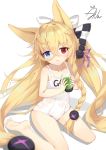  aliter animal_ears bangs bare_legs barefoot blonde_hair blue_eyes blush bow character_name checkered checkered_bow collarbone covered_navel eyebrows_visible_through_hair fox_ears g41_(girls_frontline) girls_frontline hair_between_eyes hair_bow hair_ribbon head_tilt heterochromia highres holding long_hair low-tied_long_hair name_tag old_school_swimsuit one-piece_swimsuit parted_lips purple_ribbon red_eyes ribbon school_swimsuit see-through shadow signature sitting smile soles solo swimsuit very_long_hair wariza wet wet_clothes wet_swimsuit white_background white_bow white_swimsuit 