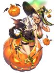  black_dress black_footwear breasts cuff_links destiny_child dress fang green_frills halloween hat jack-o'-lantern large_breasts official_art pumpkin star star_print strap_slip striped_hat thigh_strap transparent_background twintails wand white_hair wings witch_hat 