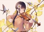  animal autumn_leaves bangs bird black_hair blue_hair blush braid brown_sweater closed_mouth commentary_request duoyu_zhuan_qing flower ginkgo ginkgo_leaf hair_flower hair_ornament hair_over_shoulder instrument long_hair long_sleeves music original partial_commentary pink_background playing_instrument ribbed_sweater sidelocks simple_background single_braid smile solo sweater upper_body violin white_flower 