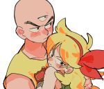  1girl bald black_eyes blonde_hair blush close-up dragon_ball dragon_ball_(classic) frown gloves goro_(szyk7834) green_eyes green_shirt hairband height_difference hetero hug long_hair looking_away lunch_(dragon_ball) nervous red_hairband serious shirt simple_background sleeveless sleeveless_shirt standing tenshinhan third_eye upper_body wavy_mouth white_background white_shirt 