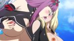  2girls breasts clouds couple flower french_kiss hair_ornament hasami_rein jewelry kiss lady_j large_breasts leather lipstick long_hair makeup multicolored_hair multiple_girls nail_polish necklace purple_hair screencap spandex tongue underboob valkyrie_drive valkyrie_drive_-mermaid- yuri 
