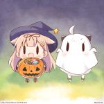  ahoge artist_name blonde_hair chibi commentary_request ghost_costume hair_between_eyes hair_flaps hair_ornament hair_ribbon hairclip halloween hat holding_pumpkin kantai_collection long_hair looking_at_viewer momoniku_(taretare-13) multiple_girls northern_ocean_hime open_mouth pumpkin ribbon witch_hat yuudachi_(kantai_collection) 