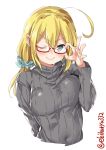  ahoge alternate_costume blonde_hair blush breasts closed_mouth ebifurya eyebrows_visible_through_hair glasses grey_eyes hair_between_eyes hand_on_eyewear highres i-8_(kantai_collection) kantai_collection large_breasts long_hair looking_at_viewer low_twintails one_eye_closed red-framed_eyewear ribbed_sweater semi-rimless_eyewear simple_background smile solo sweater turtleneck turtleneck_sweater twintails twitter_username v-shaped_eyebrows white_background 