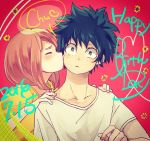  1girl blush boku_no_hero_academia brown_hair cheek_kiss closed_eyes collarbone couple dated freckles green_eyes green_hair hands_on_another's_shoulders happy_birthday hetero kiss looking_at_viewer messy_hair midoriya_izuku otojirou shirt short_hair surprised uraraka_ochako white_shirt yellow_shirt 