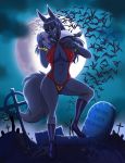  anthro anubian_jackal bat big_breasts bikini black_hair boots breasts canine clothed clothing conditional_dnp costume cross detailed_background digital_media_(artwork) female footwear full_moon graveyard hair halloween high_heels holidays jackal kadath licking licking_lips long_hair looking_at_viewer mammal moon navel navel_piercing night nightshade_(kadath) nipple_bulge piercing shoes skimpy skull sling_bikini smile solo standing swimsuit thick_thighs tongue tongue_out vampirella wide_hips 