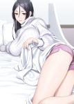  ass bangs bed bed_sheet black_eyes black_hair blush breasts commentary_request fate/grand_order fate_(series) hair_between_eyes highres hips indoors large_breasts lavender_shorts long_hair long_sleeves looking_at_viewer lying minamoto_no_raikou_(fate/grand_order) nakuta on_bed on_side parted_bangs purple_shorts ribbed_sweater short_shorts shorts side_slit side_slit_shorts smile solo sweater thighs turtleneck turtleneck_sweater very_long_hair white_sweater 