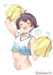  ahoge cheerleader closed_eyes crop_top ebifurya eighth_note highres kantai_collection musical_note navel open_mouth pom_poms purple_hair sakawa_(kantai_collection) short_hair simple_background smile solo spoken_musical_note upper_body white_background 