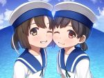  2girls anthropomorphism brown_eyes brown_hair close clouds daitou_(kancolle) hat hiburi_(kancolle) imachireki kantai_collection loli ponytail red_eyes seifuku short_hair signed sky water wink 