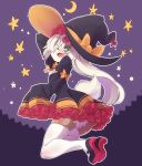  1girl dog dress furry green_eyes halloween halloween_costume hat open_mouth original short_hair solo white_hair witch_hat yuuki_(yuyuki000) 