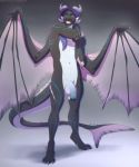  2018 abs anthro balls big_penis black_scales blue_eyes dragon finn_(phantomfin) fish_tail grin hair horn humanoid_penis long_hair long_tail looking_at_viewer lunalei male markings muscular muscular_male navel nude penis presenting purple_hair scales simple_background smile solo standing touching_arm uncut white_scales wings 