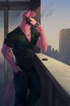  2018 anthro building canine cigarette city clothed clothing facial_hair fur hair kuron male mammal outside pink_fur sky smoking 