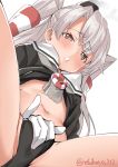  amatsukaze_(kantai_collection) black_panties breasts brown_dress brown_eyes choker close-up commentary_request dress ebifurya eyebrows_visible_through_hair from_below gloves hair_between_eyes hair_tubes highres kantai_collection long_hair looking_at_viewer masturbation masturbation_through_clothing navel open_mouth panties sailor_dress short_dress silver_hair single_glove small_breasts solo spread_legs striped thighs twitter_username two_side_up underwear white_gloves windsock 