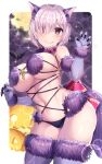  animal_ears beeyan blush breasts claw_pose dangerous_beast elbow_gloves eyes_visible_through_hair fate/grand_order fate_(series) fur-trimmed_gloves fur-trimmed_legwear fur_collar fur_trim gloves hair_over_one_eye halloween_costume highres large_breasts looking_at_viewer mash_kyrielight navel o-ring o-ring_top purple_eyes purple_gloves purple_hair purple_legwear revealing_clothes short_hair smile solo tail wolf_ears wolf_tail 
