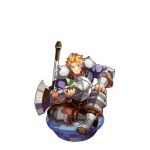  armor artist_request axe blonde_hair closed_mouth crossed_legs dragalia_lost facial_scar full_body green_eyes holding looking_at_viewer non-web_source official_art plant rex_(dragalia_lost) scar sitting smile transparent_background weapon 