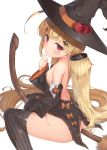  apple ass azur_lane bangs bare_back bare_shoulders black_legwear blonde_hair blush breasts broom commentary detached_sleeves dress eldridge_(azur_lane) eyebrows_visible_through_hair facial_mark finger_to_mouth food fruit fujieda_uzuki hair_ornament hairclip halloween halloween_costume hat highres long_hair looking_at_viewer no_panties red_eyes simple_background sleeveless sleeveless_dress small_breasts solo straddling striped striped_legwear thighhighs twintails vertical-striped_legwear vertical_stripes very_long_hair white_background witch witch_hat 