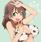  absurdres animal_ears animal_print bell bell_collar blush breasts brown_hair bural_chingu collar cow_bell cow_ears cow_girl cow_print double_v green_eyes ham_na-bi highres huge_breasts looking_at_viewer luke_(dydansgur) open_mouth original short_twintails smile solo twintails v 