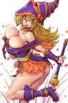 amania_orz ass bare_shoulders blonde_hair blush_stickers boots breasts bursting_breasts choker cleavage collarbone commentary_request dark_magician_girl duel_monster green_eyes halloween hat highres huge_breasts long_hair looking_at_viewer open_mouth pentacle solo staff wand wizard_hat yuu-gi-ou yuu-gi-ou_duel_monsters 