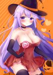  alternate_costume azur_lane bangs bare_shoulders black_choker black_gloves black_hat black_legwear blush breasts candy choker collarbone commentary_request covered_navel dress elbow_gloves eyebrows_visible_through_hair food frilled_dress frills gloves halloween halloween_basket hat heart highres hinanosuke holding holding_food holding_lollipop large_breasts lollipop long_hair nipple_slip nipples one_side_up orange_background parted_lips pleated_dress purple_eyes purple_hair red_dress sidelocks solo strapless strapless_dress swirl_lollipop thighhighs unicorn_(azur_lane) very_long_hair witch_hat 