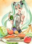  absurdres apple aqua_hair banana black_skirt bottle bracelet cabbage carrot cutting_board eggplant food fruit green_eyes grey_shirt hatsune_miku highres huge_filesize jewelry knife lemon necktie orange pompmaker1 poppippoo_(vocaloid) shirt skirt smile solo spring_onion traditional_media twintails v vegetable_juice vocaloid watercolor_(medium) 