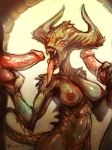  2018 abs areola balls breasts demon digital_media_(artwork) erection female horn muscular neurodyne nipples not_furry nude open_mouth penis sex simple_background teeth tongue tongue_out unknown_species 