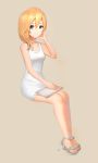  bangs bare_arms bare_shoulders beige_background blonde_hair blue_eyes blue_footwear closed_mouth collarbone dress full_body hair_between_eyes hair_over_shoulder hand_up highres kingdom_hearts legs_together long_hair looking_at_viewer mizu_ramen namine sandals short_dress signature simple_background sitting sketchbook smile solo toes white_dress 