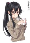  alternate_costume black_hair blush brown_eyes brown_sweater casual contemporary cup ebifurya eyebrows_visible_through_hair hair_between_eyes highres kantai_collection light_smile long_hair looking_at_viewer ponytail sidelocks simple_background smile solo steam sweater turtleneck turtleneck_sweater twitter_username upper_body very_long_hair white_background yahagi_(kantai_collection) 